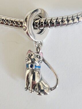 NWT For Pandora Charm Bracelets Silver, Pink, Blue Cat Dangle Charm Long Tail